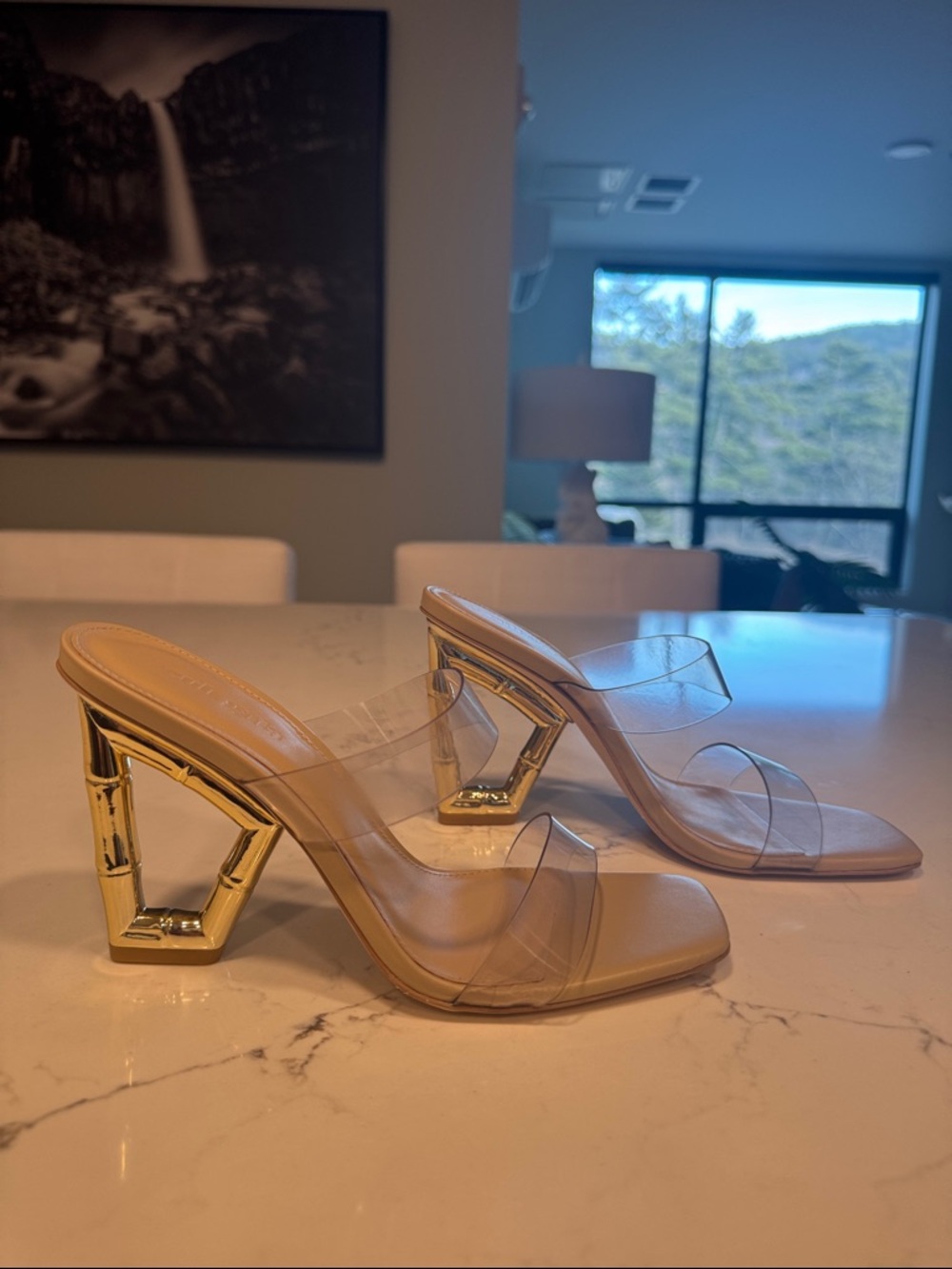 NWT cult gaia Valerie Sandal in Clear Two-Strap Mule Bamboo Gold Accent Heels